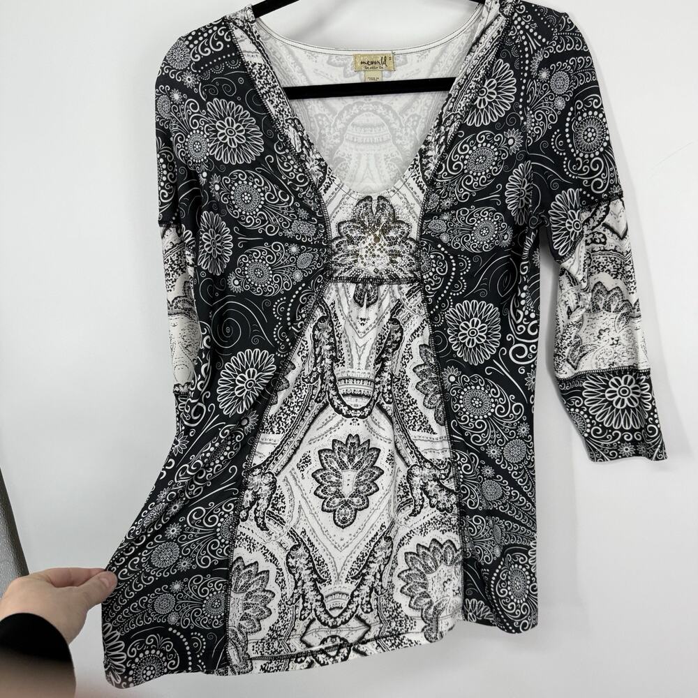 One World Tunic Smal Sequined Black Floral 3/4 Sleeve Scoopneck Stretch - Picture 5 of 7